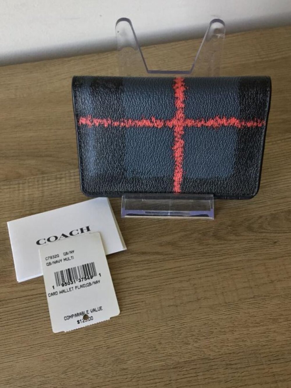 Coach Unisex Card Wallet Textured Plaid Print in Navy, Gunmetal & Red NWT